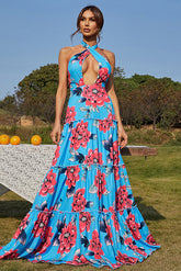 Vestidos largos con estampado de línea A y cuello halter